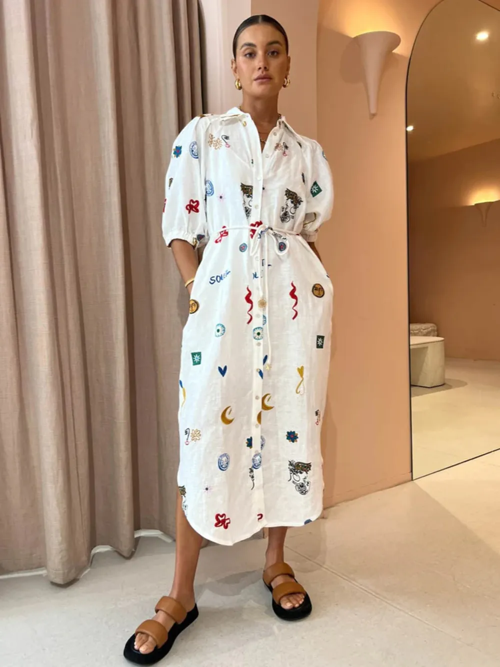 Printed Button Up Midi Shirt Dress, image 3