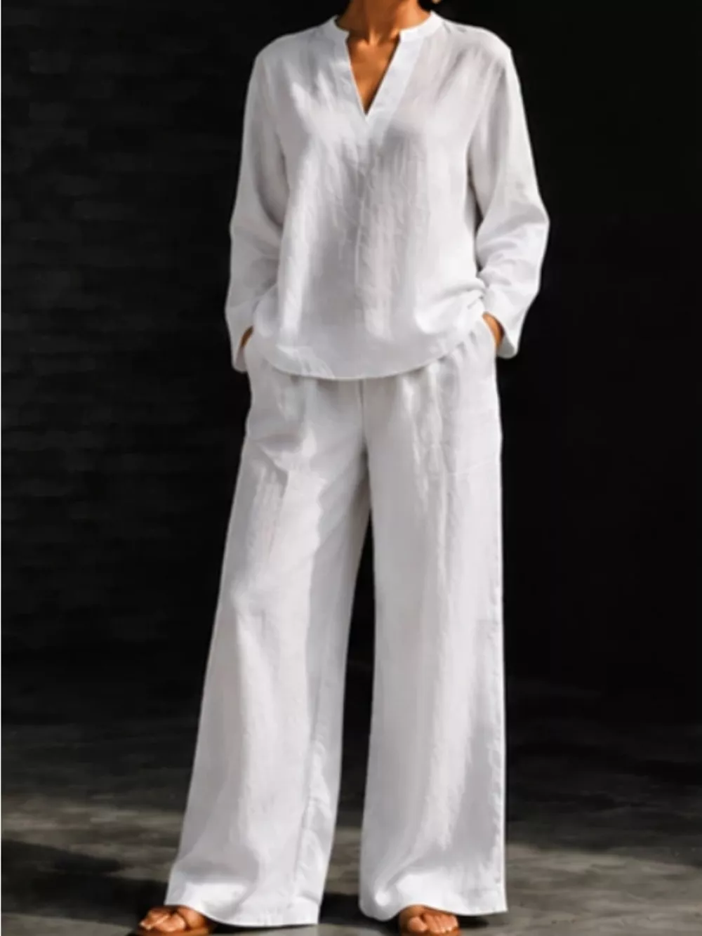 Notched Long Sleeve Top and Pants Set, image 2