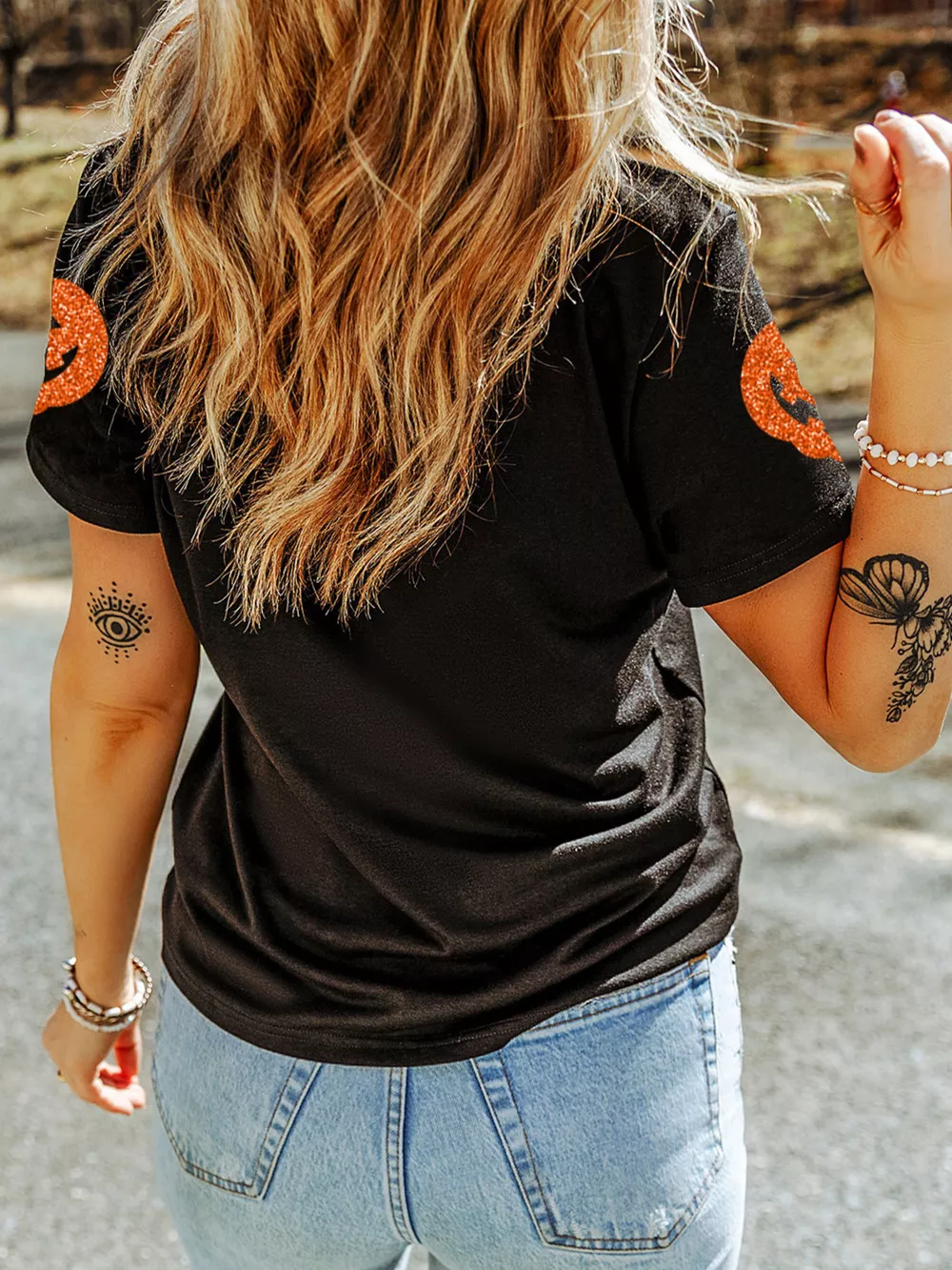 Glittering Pumpkin Face Crewneck Halloween T Shirt, image 2