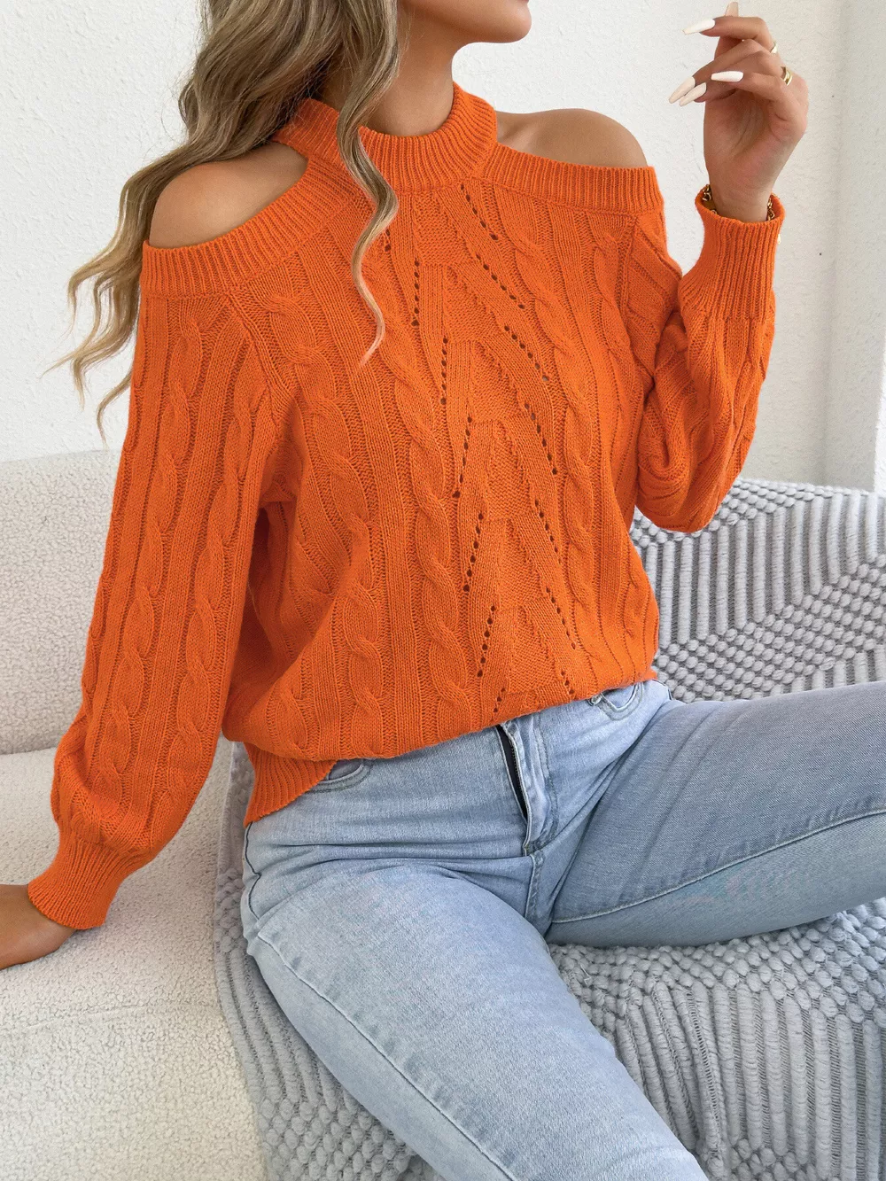 Cold Shoulder Cable Knit Sweater, image 2