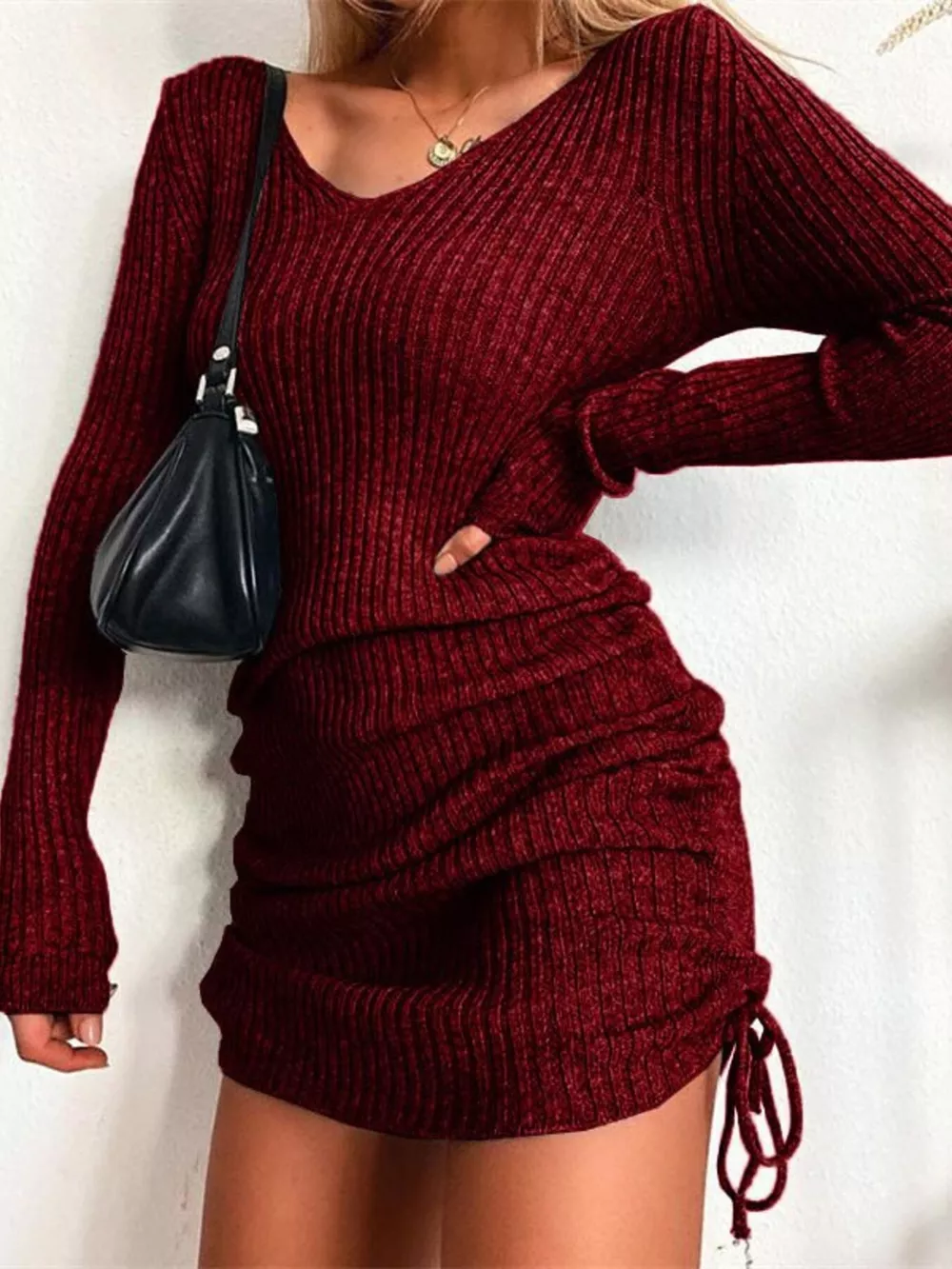 Full Size Ribbed Knit Drawstring Bodycon Sweater Dress Plus Size, image 22