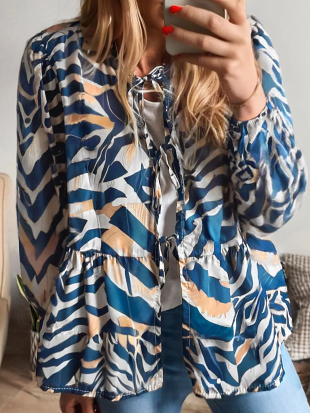 Zebra Print Tied Front Puff Sleeve Top