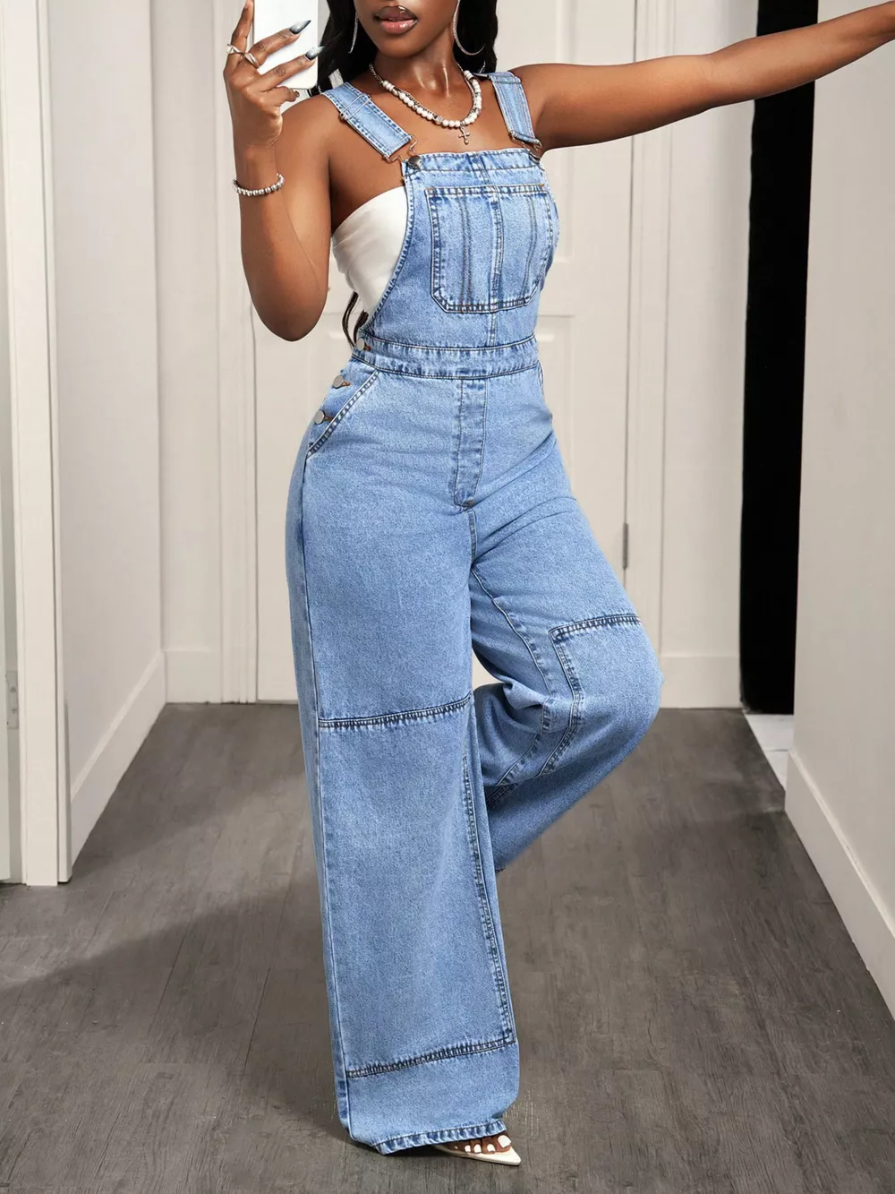 Wide Strap Wide Leg Denim Overalls, image 4