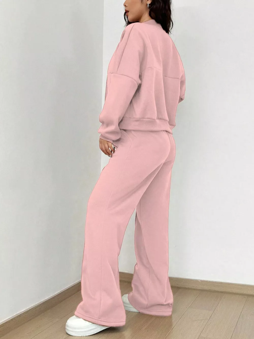 Casual Solid Color Zipper Jacket and Wide Leg Pants Set, image 7