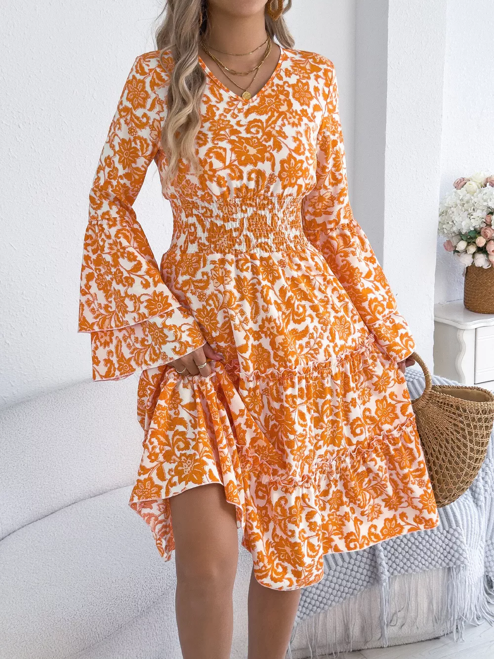 Floral Print Smocked Ruffle Hem Flared Sleeve Dress, image 4