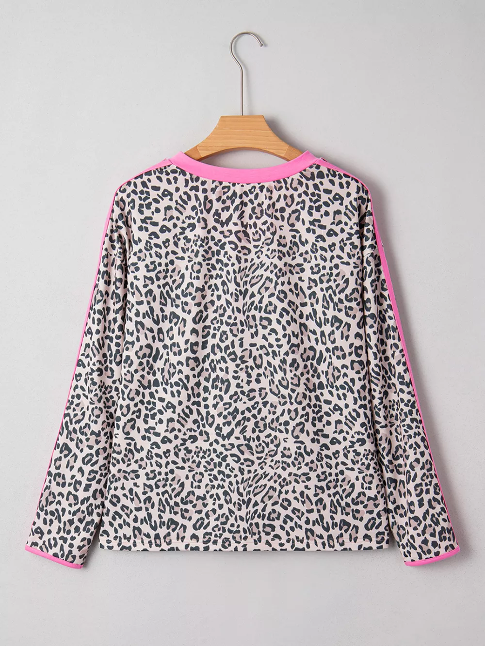 Leopard Print Contrast V Neck Varsity Stripe Detail Long Sleeve Top, image 2