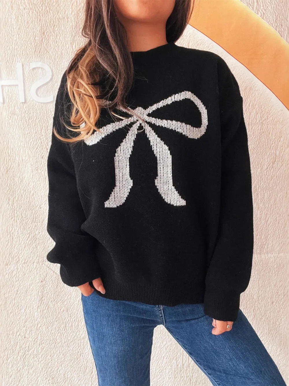 Bow Pattern Casual Long Sleeve Sweater