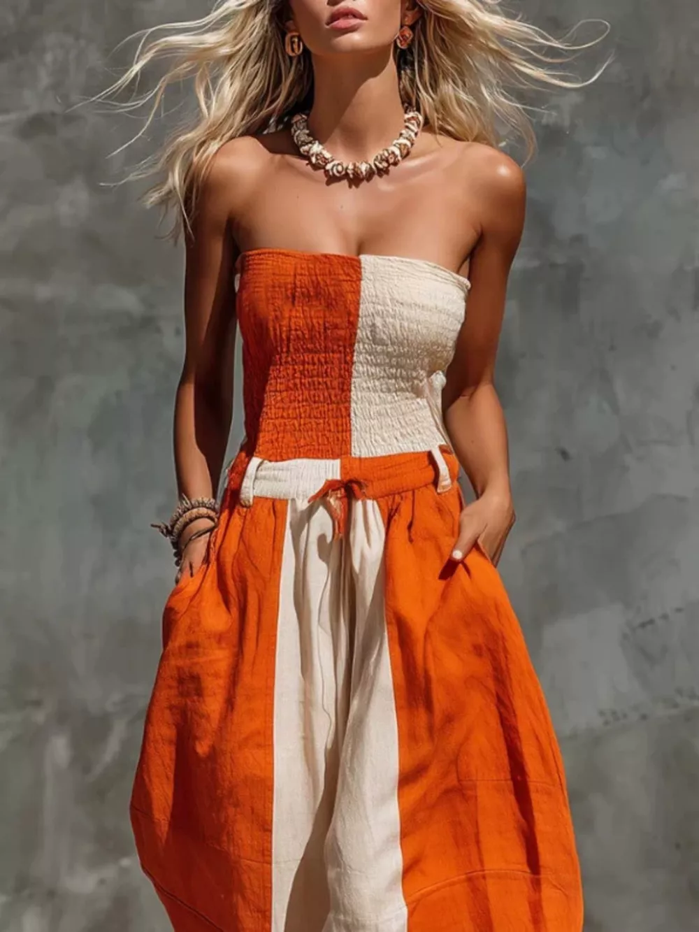 Color-Block Strapless Smocked Jumpsuit, image 2