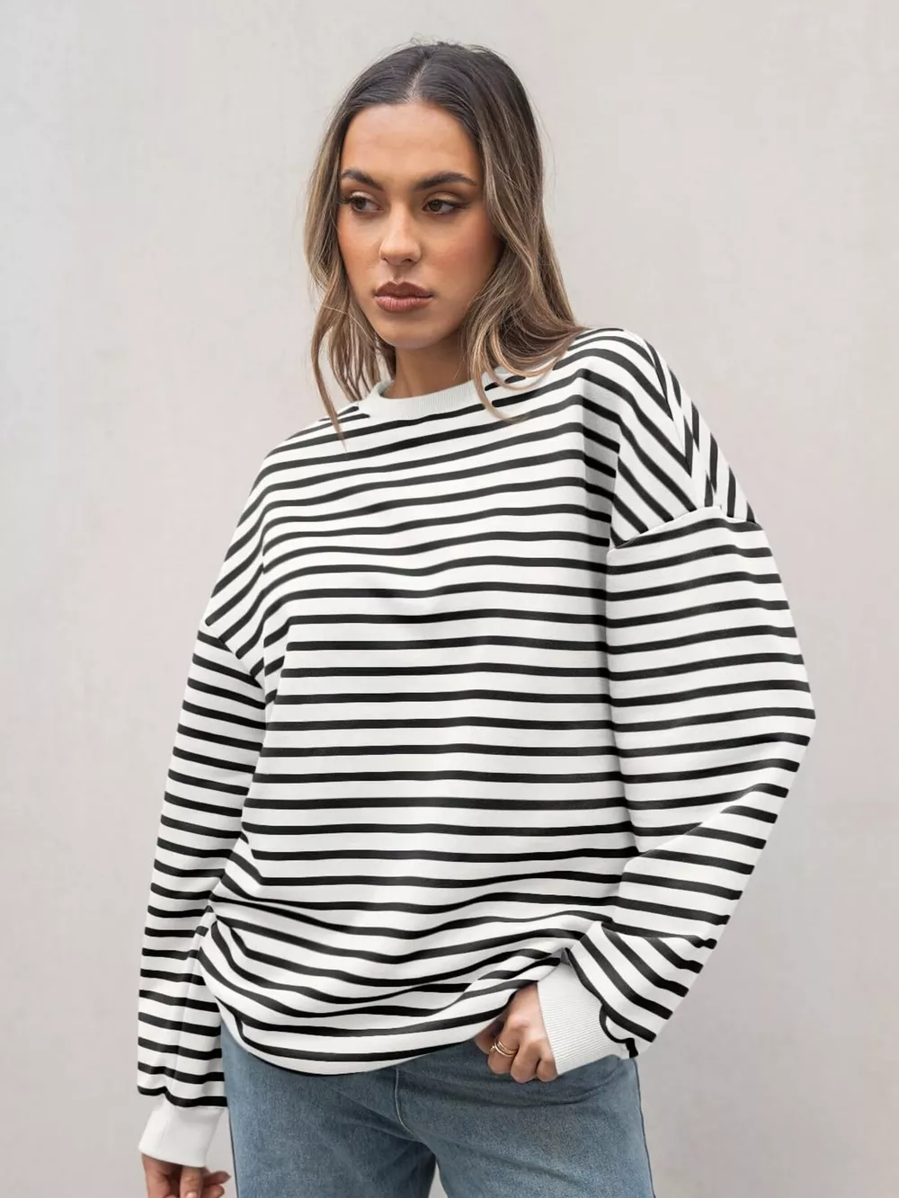 Striped Round Neck Oversized Casual Sweatshirt, image 2