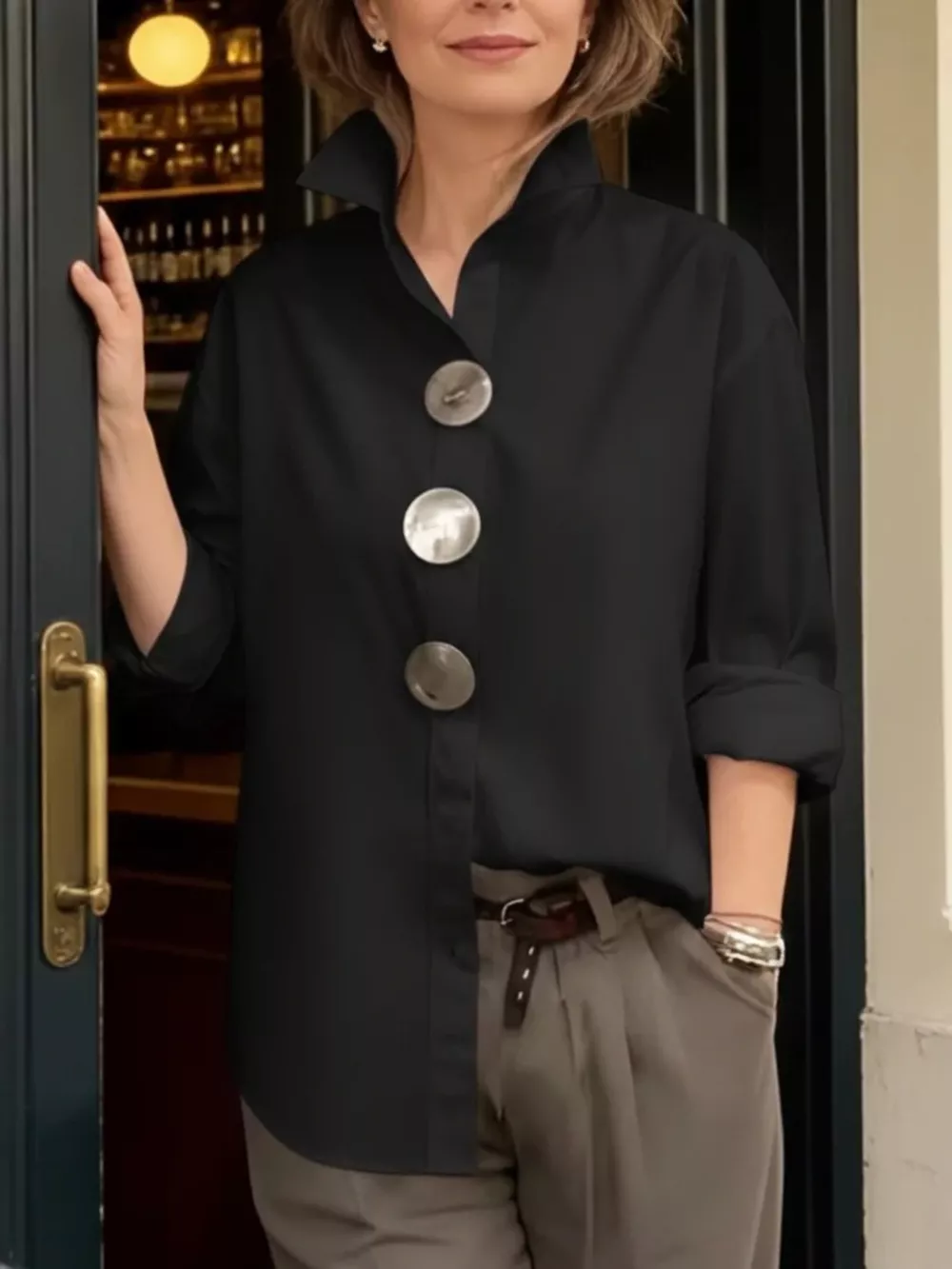Full Size Oversized Metal Button Long Sleeve Shirt Plus Size