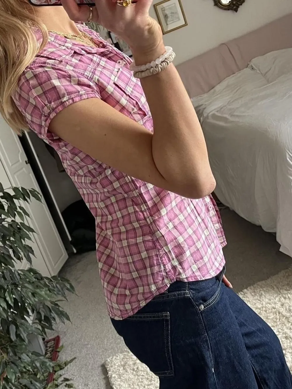 Plaid Cap Sleeve Button-Up Shirt, image 4