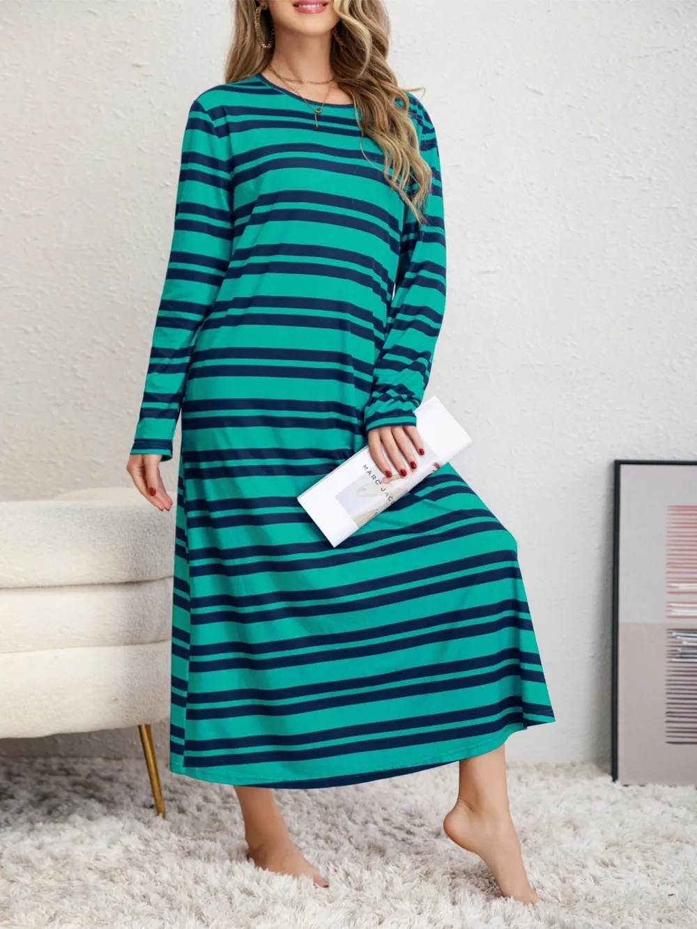 Plus Size Striped Round Neck Long Sleeve Tee Dress, image 2