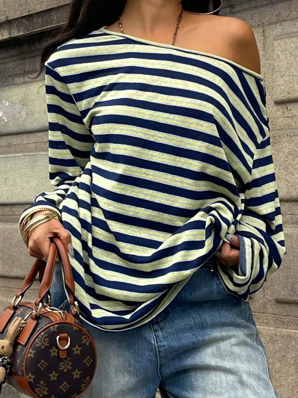 Striped Boat Neck Long Sleeve T-Shirt, image 2