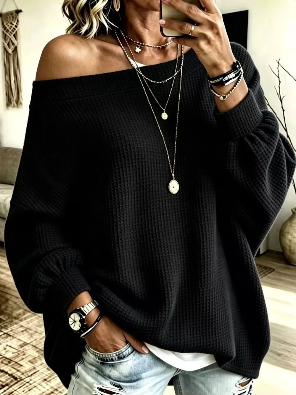 Full Size Waffle Knit Boat Neck Sweatshirt Plus Size, image 19
