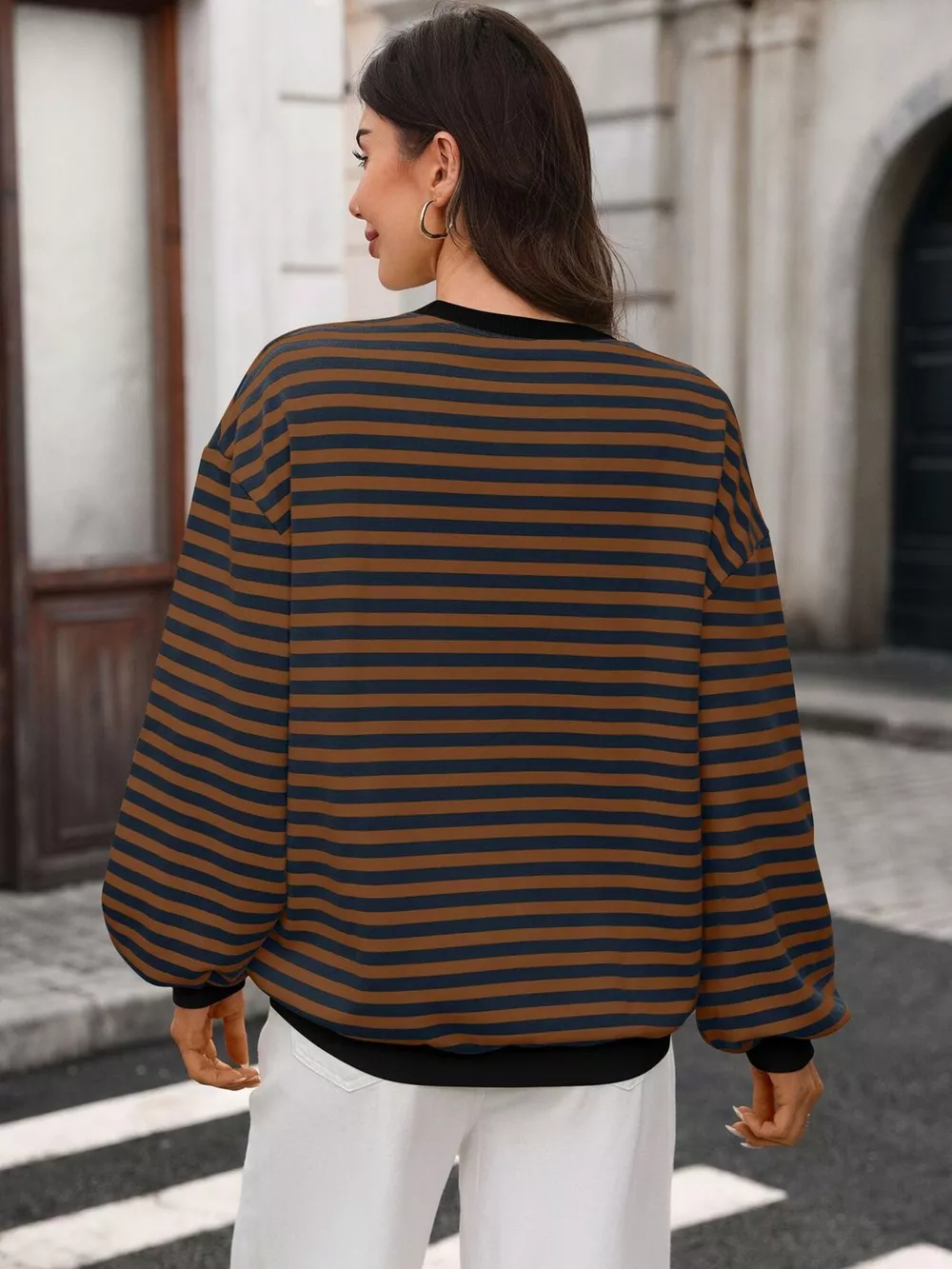 Contrast Trim Striped Crew Neck Sweatshirt, image 22