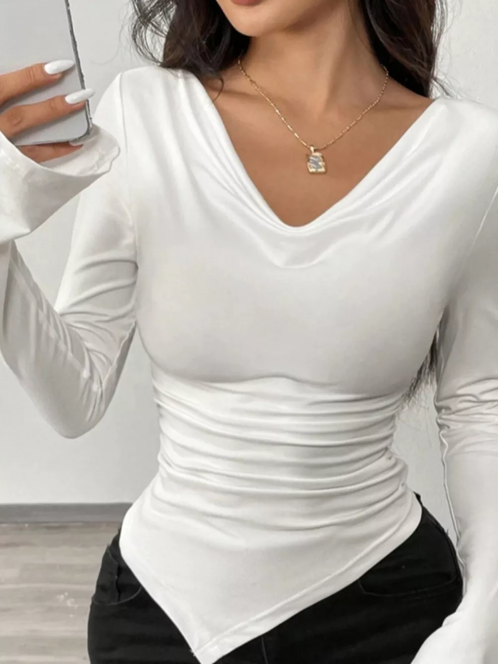 Asymmetrical Long Sleeve Fitted T-Shirt, image 6
