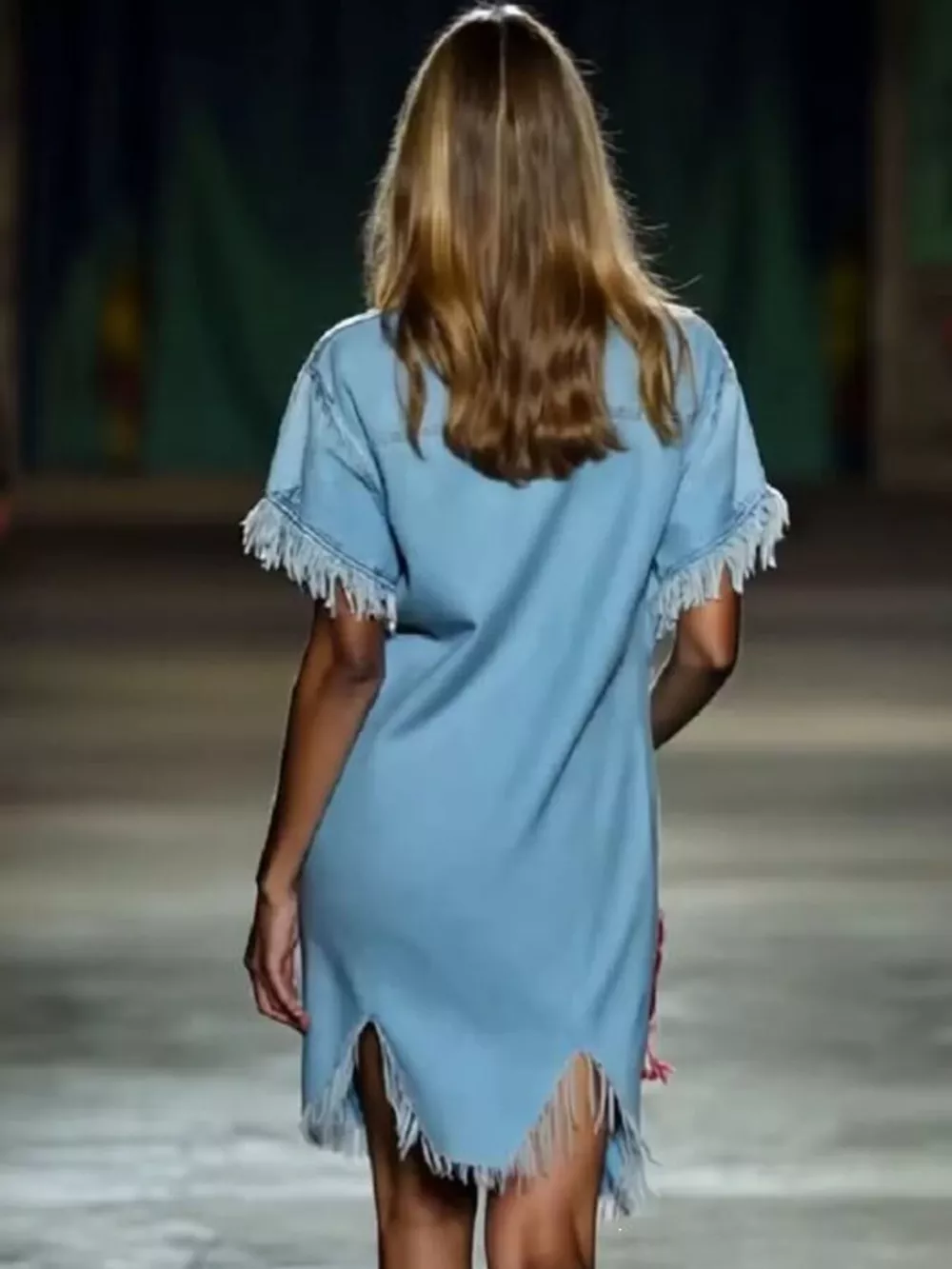 Full Size Fringed Short Sleeve Denim Shirt Dress Plus Size, image 2