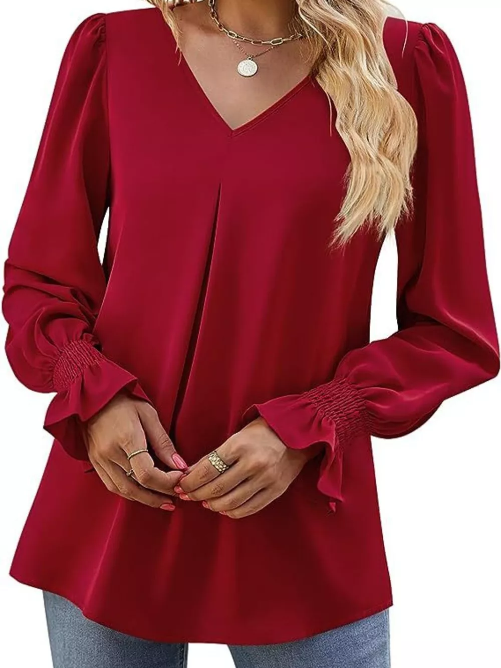 V-Neck Long Sleeve Ruffle Cuff Blouse, image 11