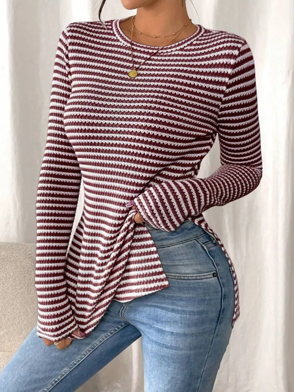 Side Slit Striped Long Sleeve T-Shirt, image 20
