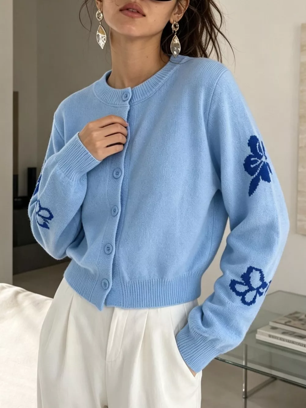 Floral Crew Neck Cropped Knit Cardigan