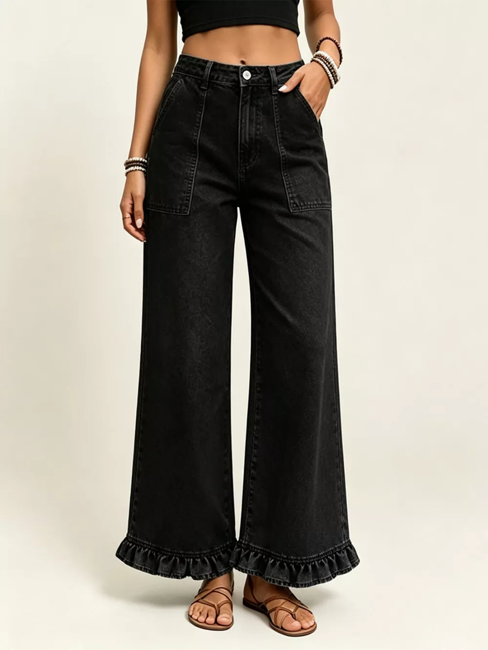 High-Waisted Wide-Leg Ruffle Hem Jeans, image 3
