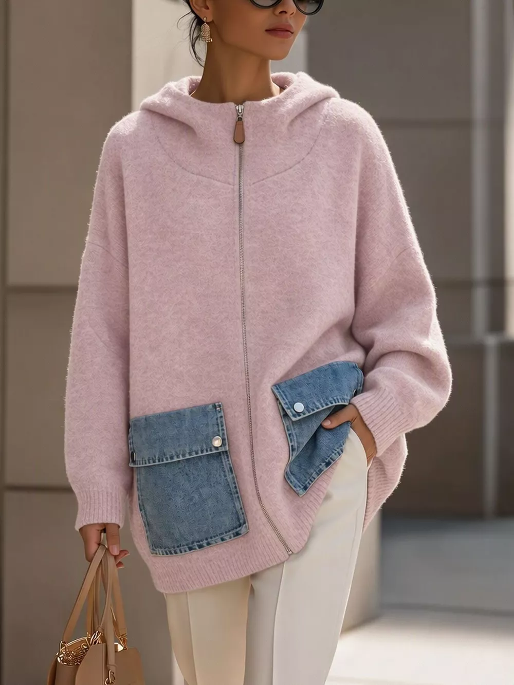 Contrast Denim Pockets Hooded Cardigan, image 8