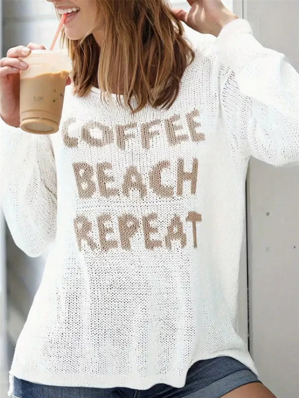 Coffee Beach Letter Side Slit Knit Top, image 4