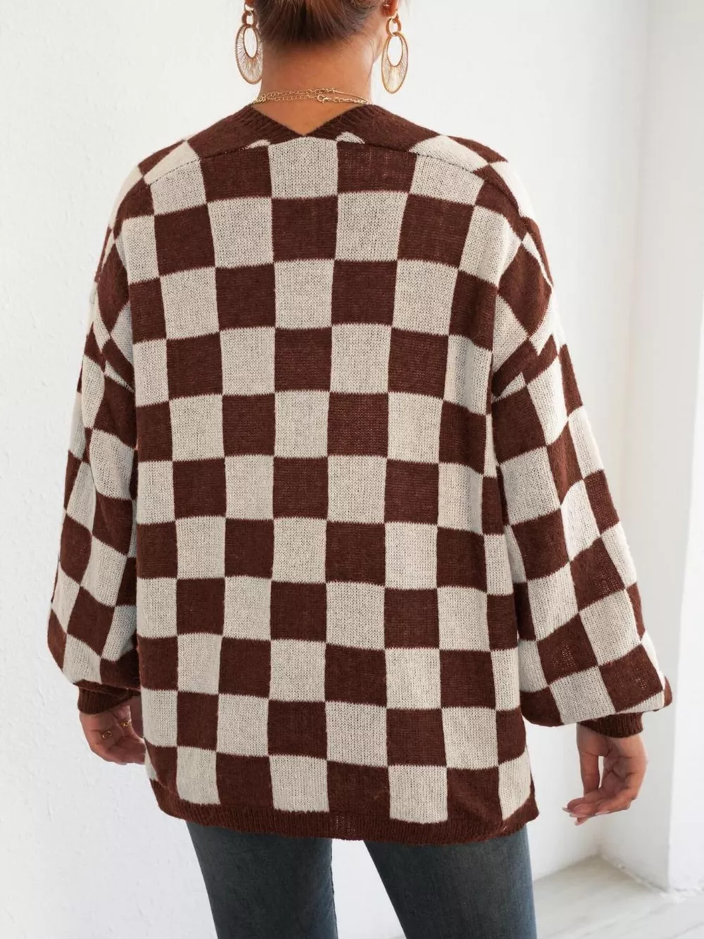 Checkerboard Pattern Open Front Knit Cardigan, image 11