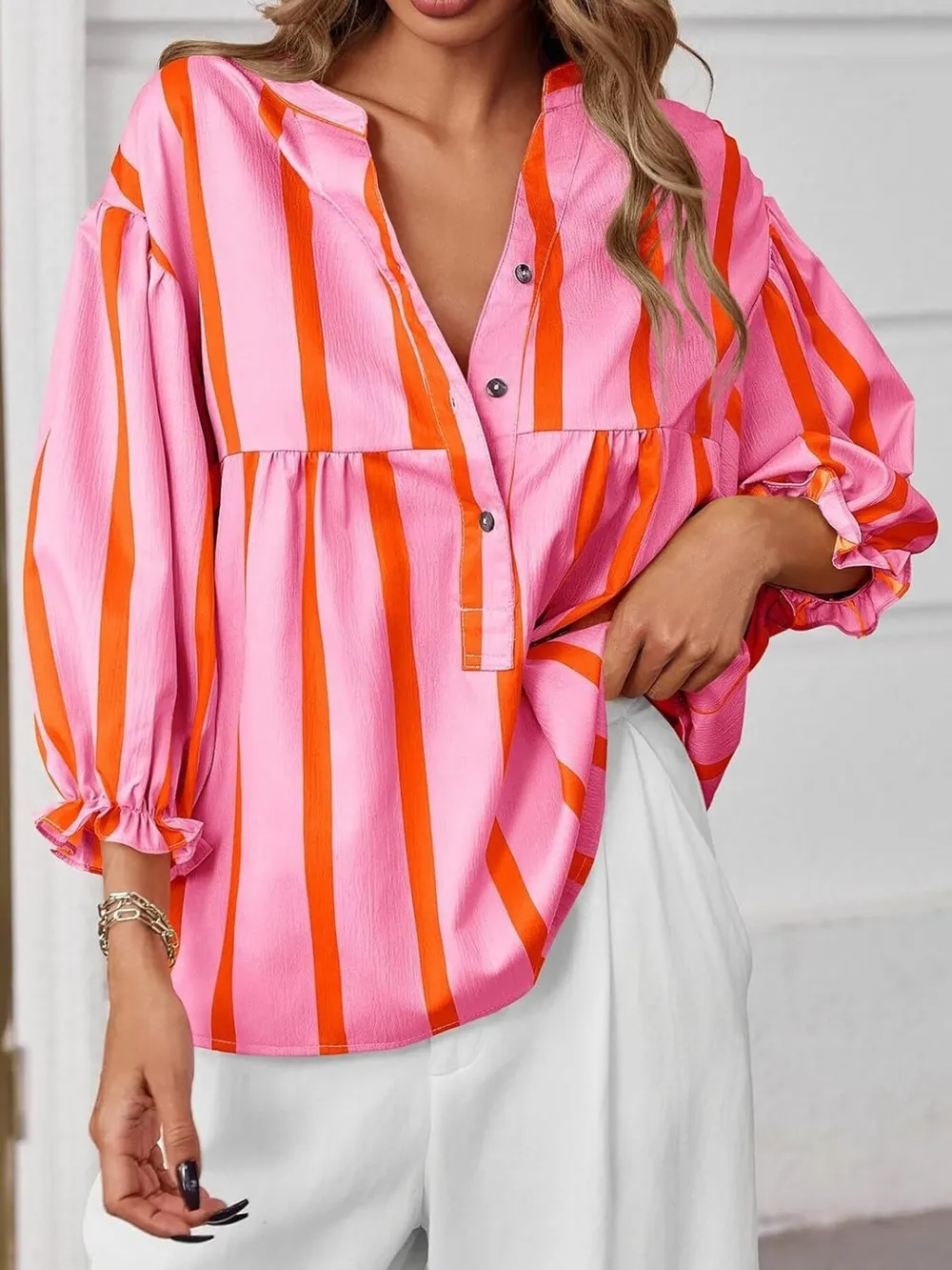 Striped Button Front Notched Blouse, image 5