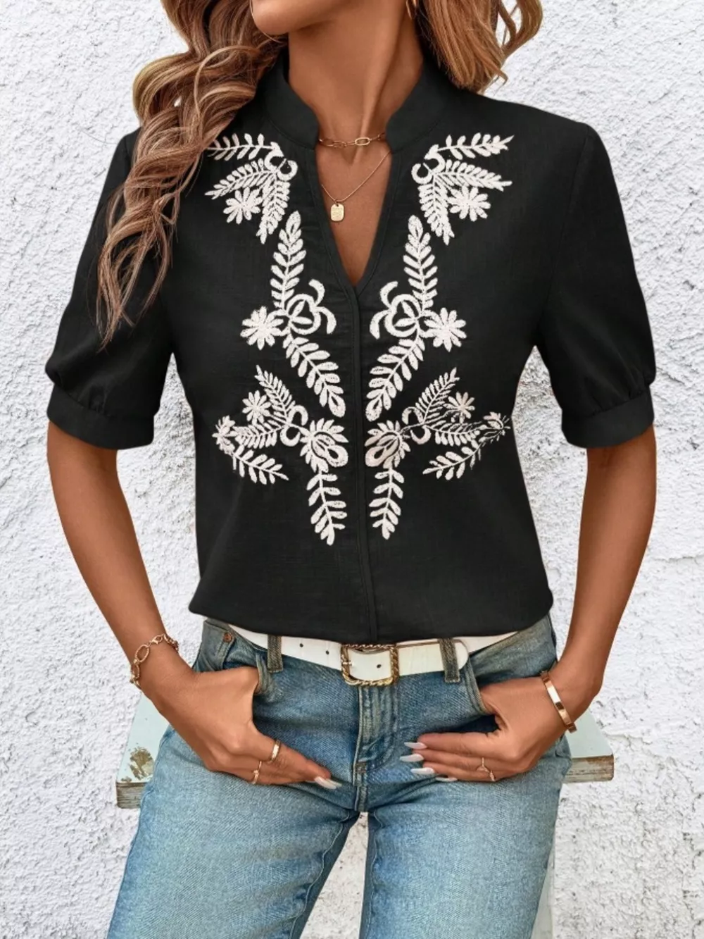 Embroidered Notched Short Sleeve Blouse, image 18