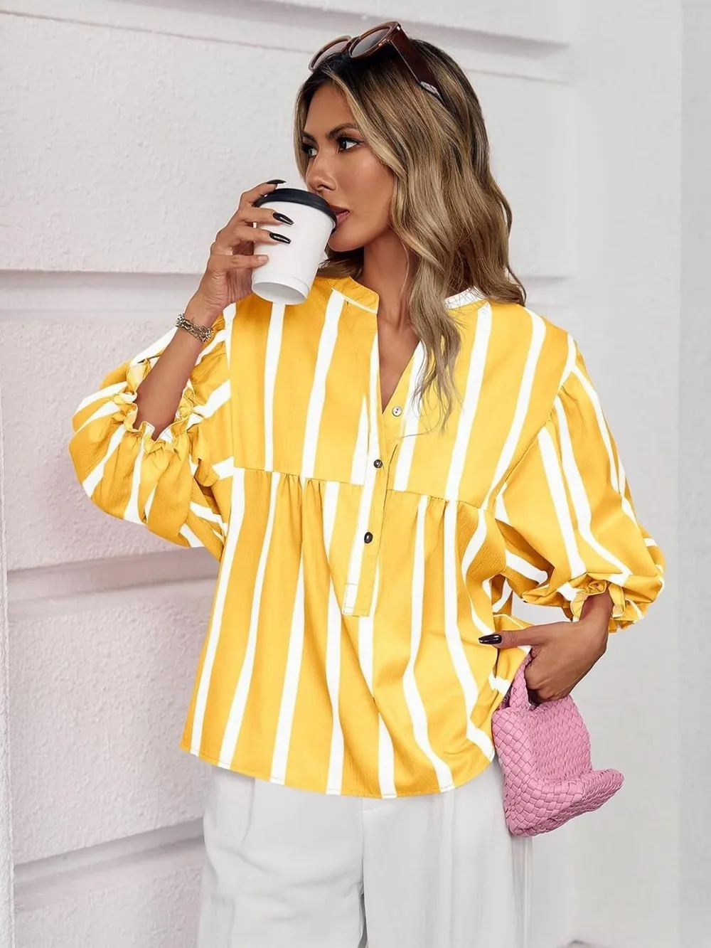 Striped Button Front Notched Blouse, image 6
