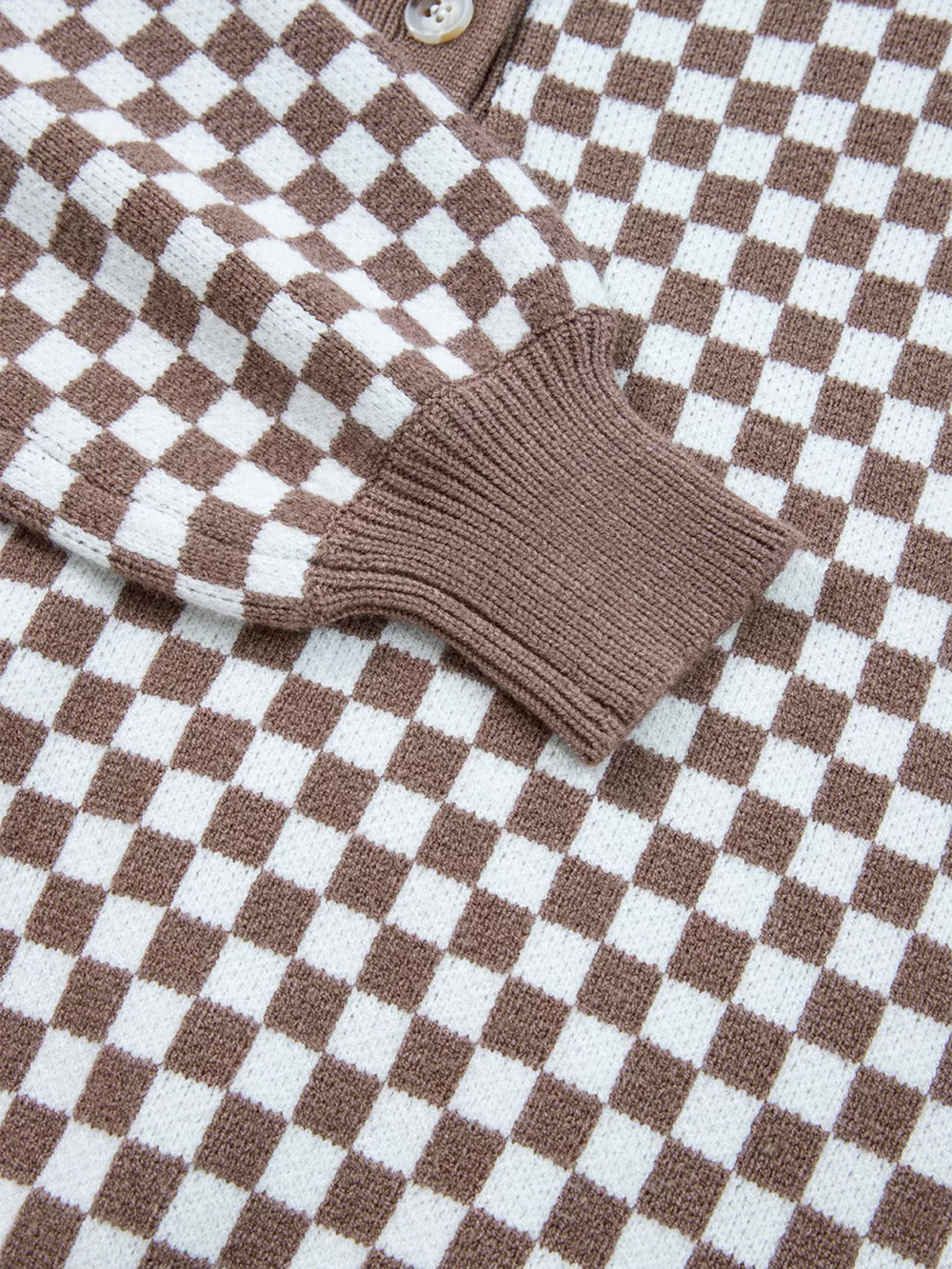 Half Button Ribbed Trim Checkerboard Knit Sweater, image 11