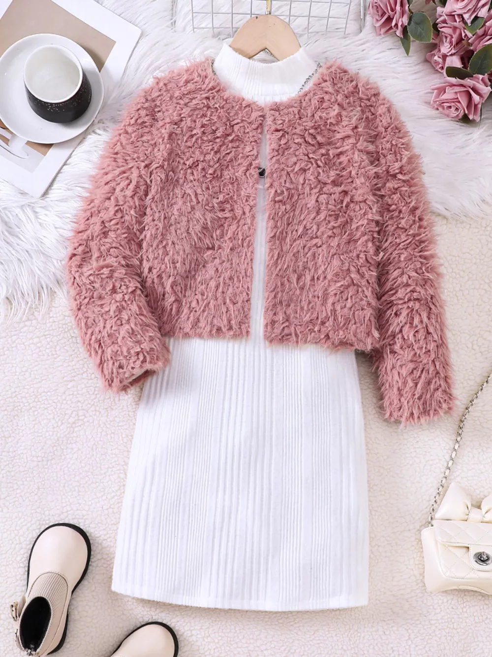 Children's Faux Fur Jacket & Ribbed Dress Set