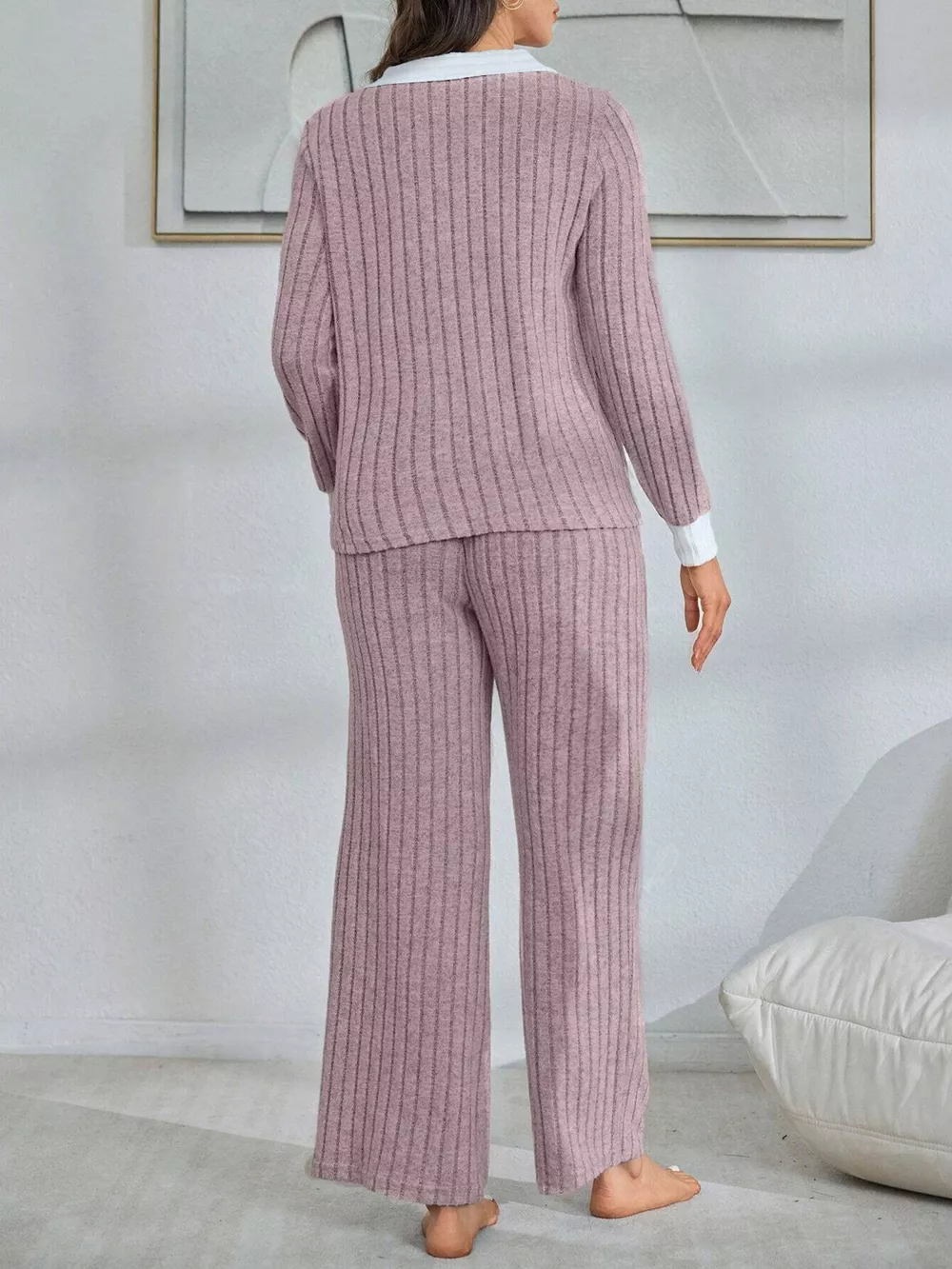 Ribbed Knit Polo Collar Top and Pants Lounge Set, image 5
