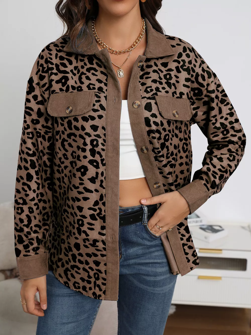 Full Size Leopard Print Button-Down Jacket Plus Size, image 19