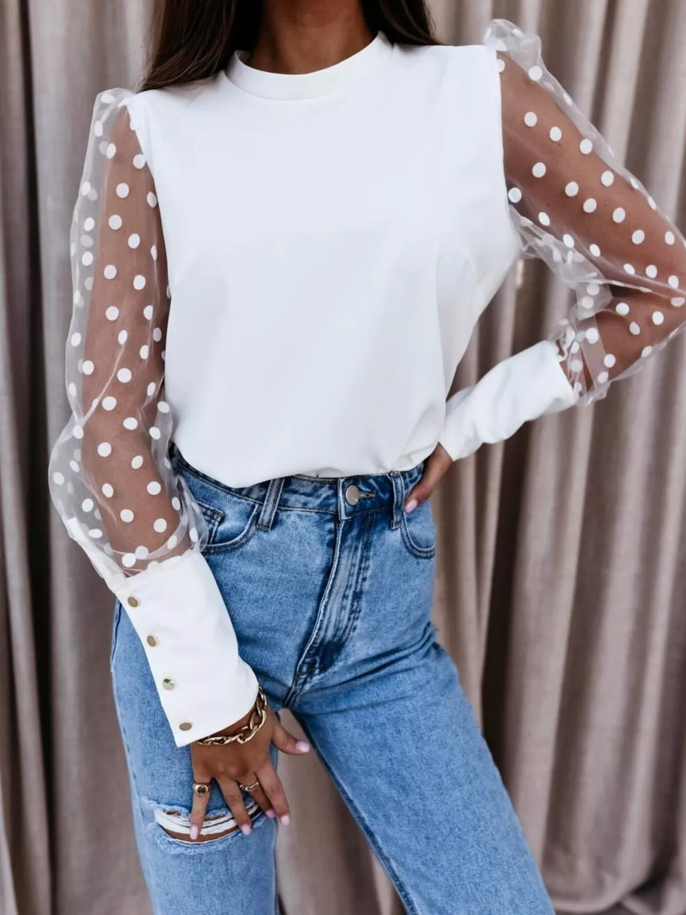 Polka Dot Mesh Sleeve Blouse, image 4