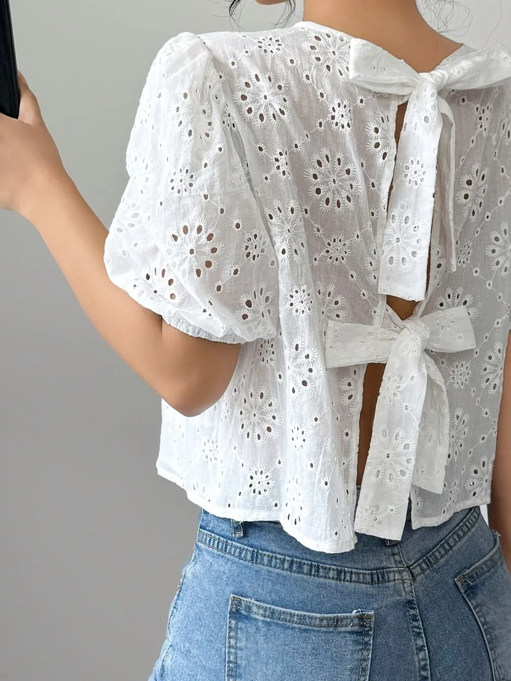 Eyelet Embroidered Puff Sleeve Tie-Back Blouse, image 5