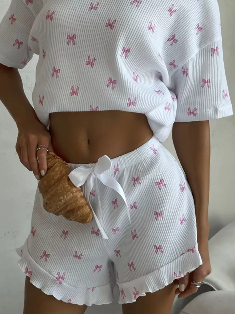 Ribbed Knit Bow Print Top and Shorts Lounge Set, image 2