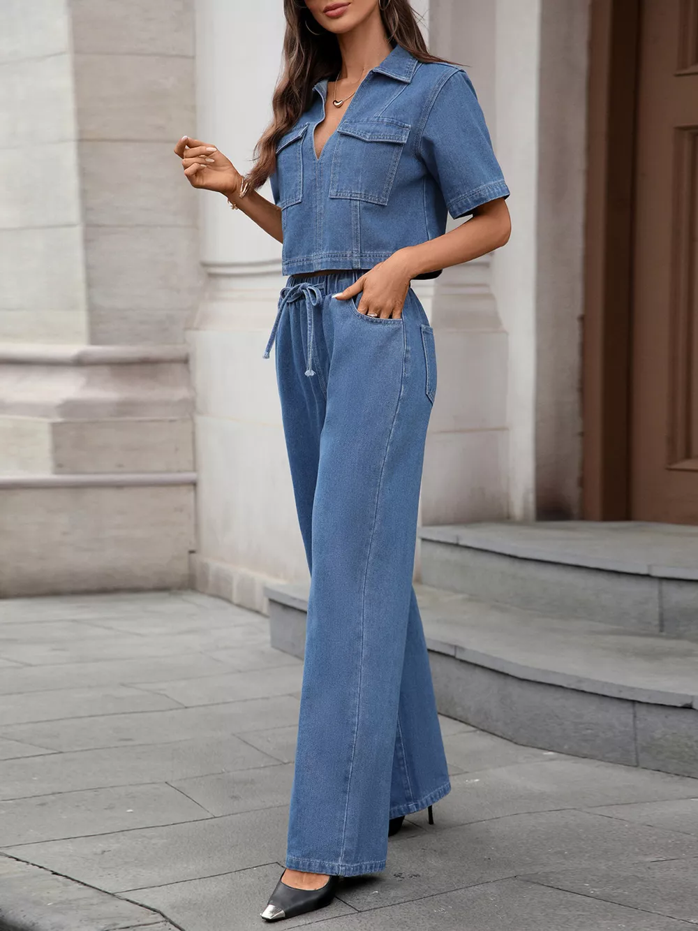 Short Sleeve Top and Drawstring Pants Denim Set, image 6