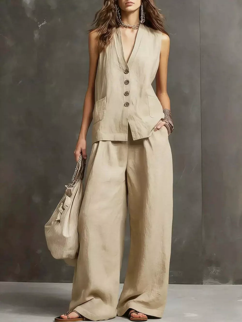 Full Size Sleeveless Vest and Wide-Leg Pants Set Plus SIze, image 9