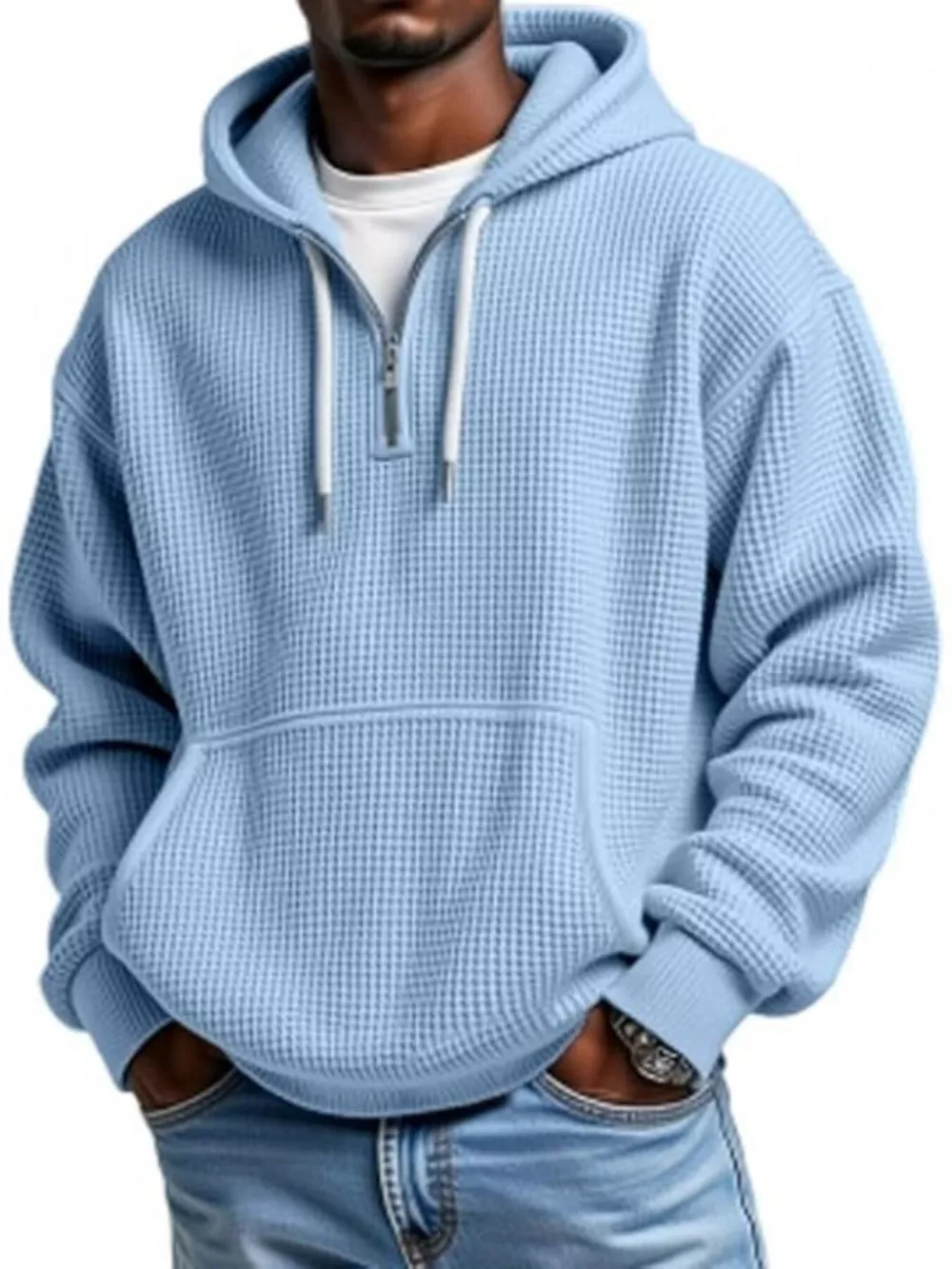 Men's Full Size Waffle Knit Quarter Zip Hoodie Plus Size, image 5