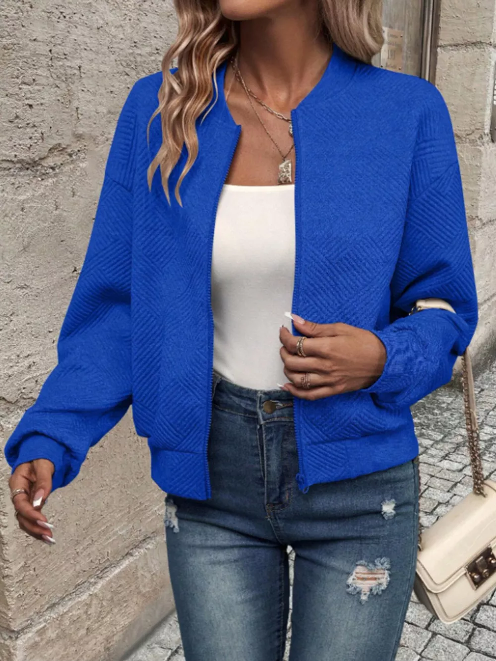 Textured Knit Zip-Up Bomber Jacket, image 21