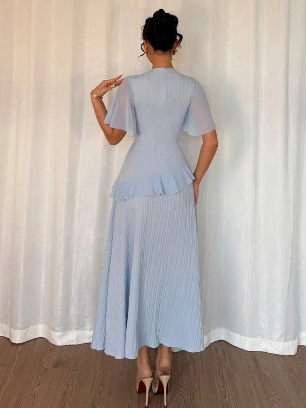 Ruffled Round Neck Flutter Sleeve Dress, image 6