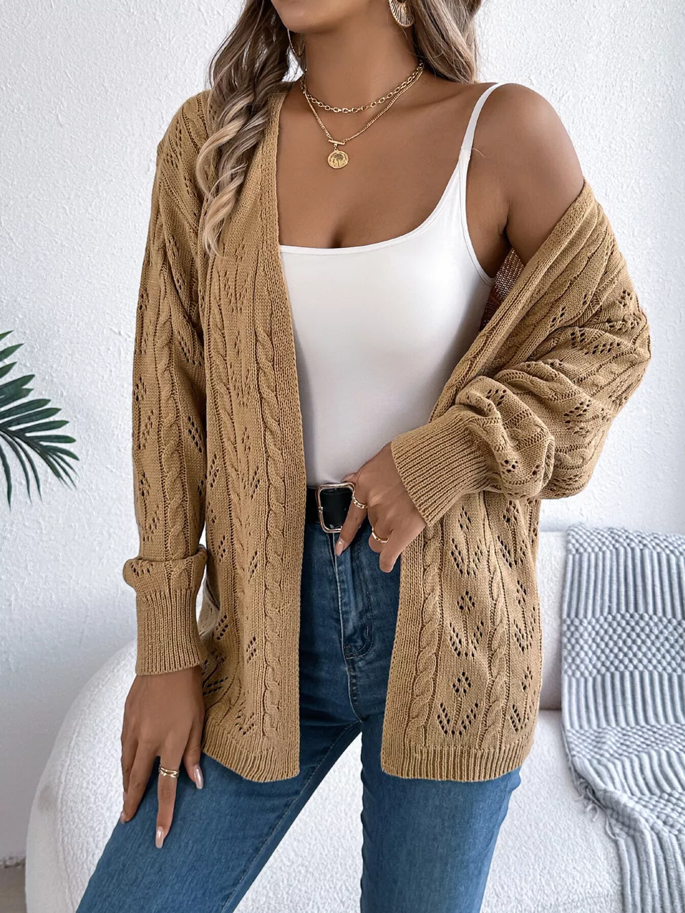 Openwork Open Front Long Sleeve Cardigan, image 4