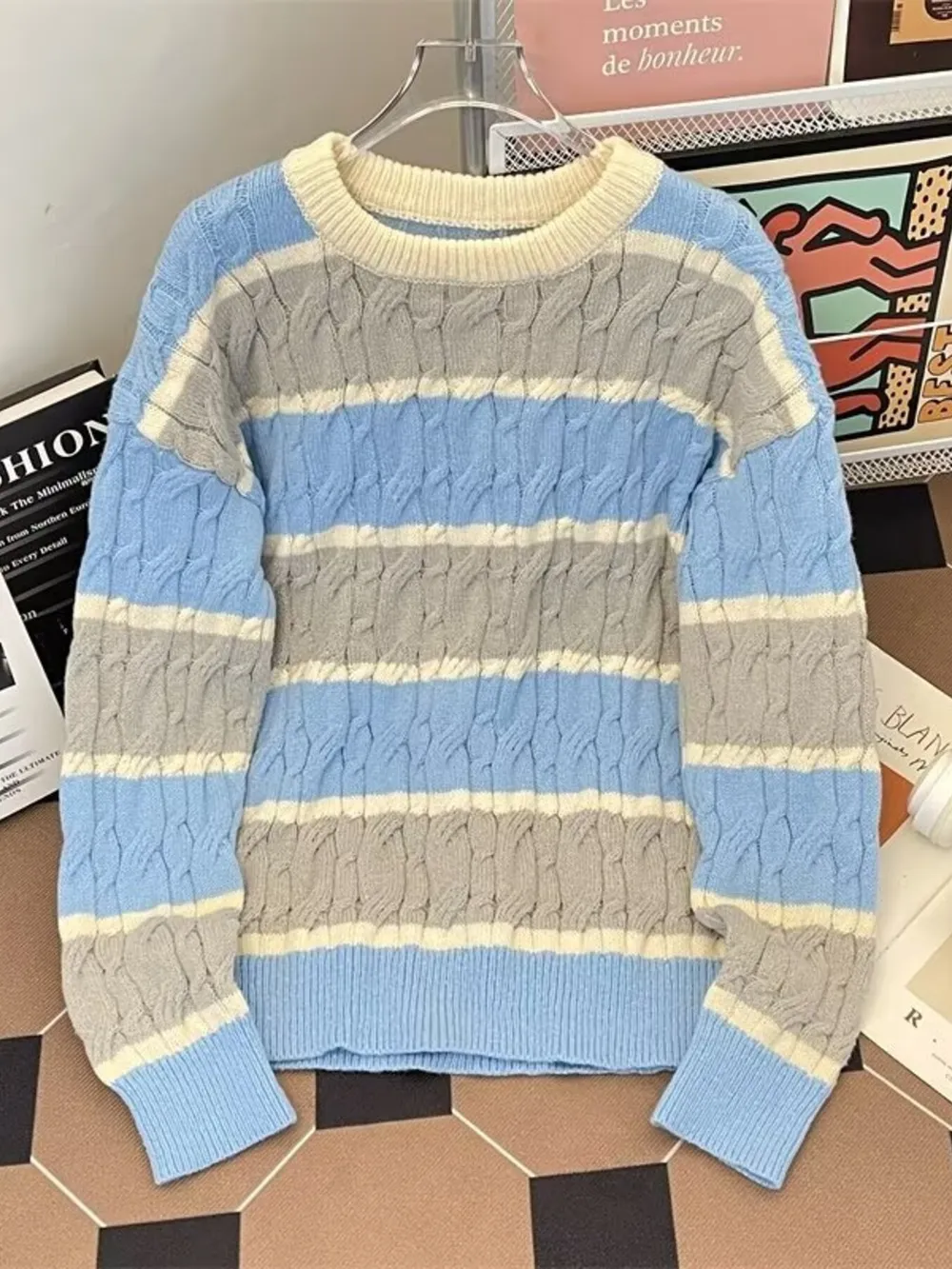 Men's Plus Size Striped Cable Knit Pullover Sweater, image 2
