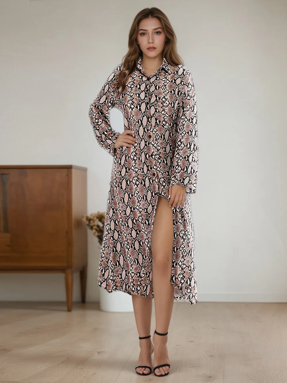 Snake Print Long Sleeve Shirt Dress, image 3