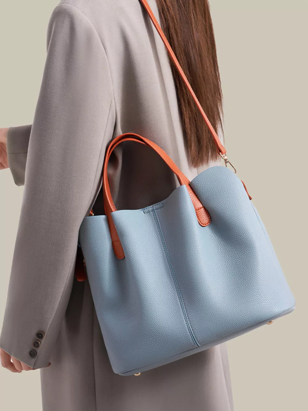 Leather Contrast Handle Handbag, image 6