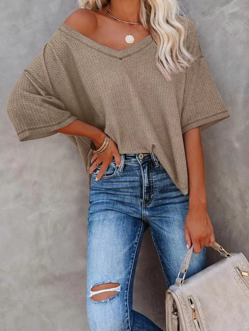 Waffle Knit V-Neck Short Sleeve T-Shirt, image 15