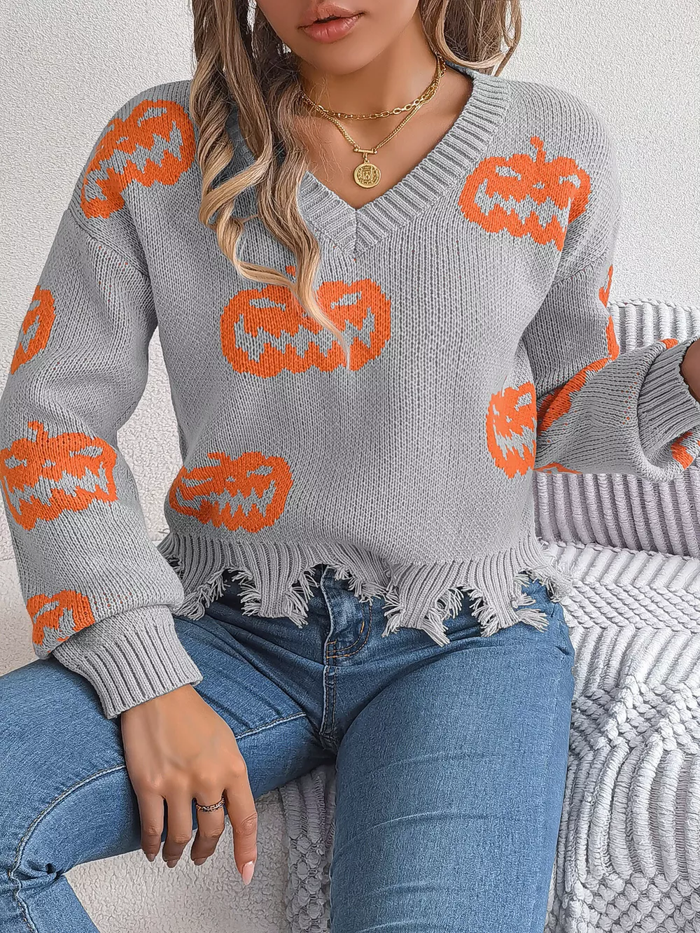 Halloween Pumpkin Pattern Raw Hem V-Neck Sweater, image 9