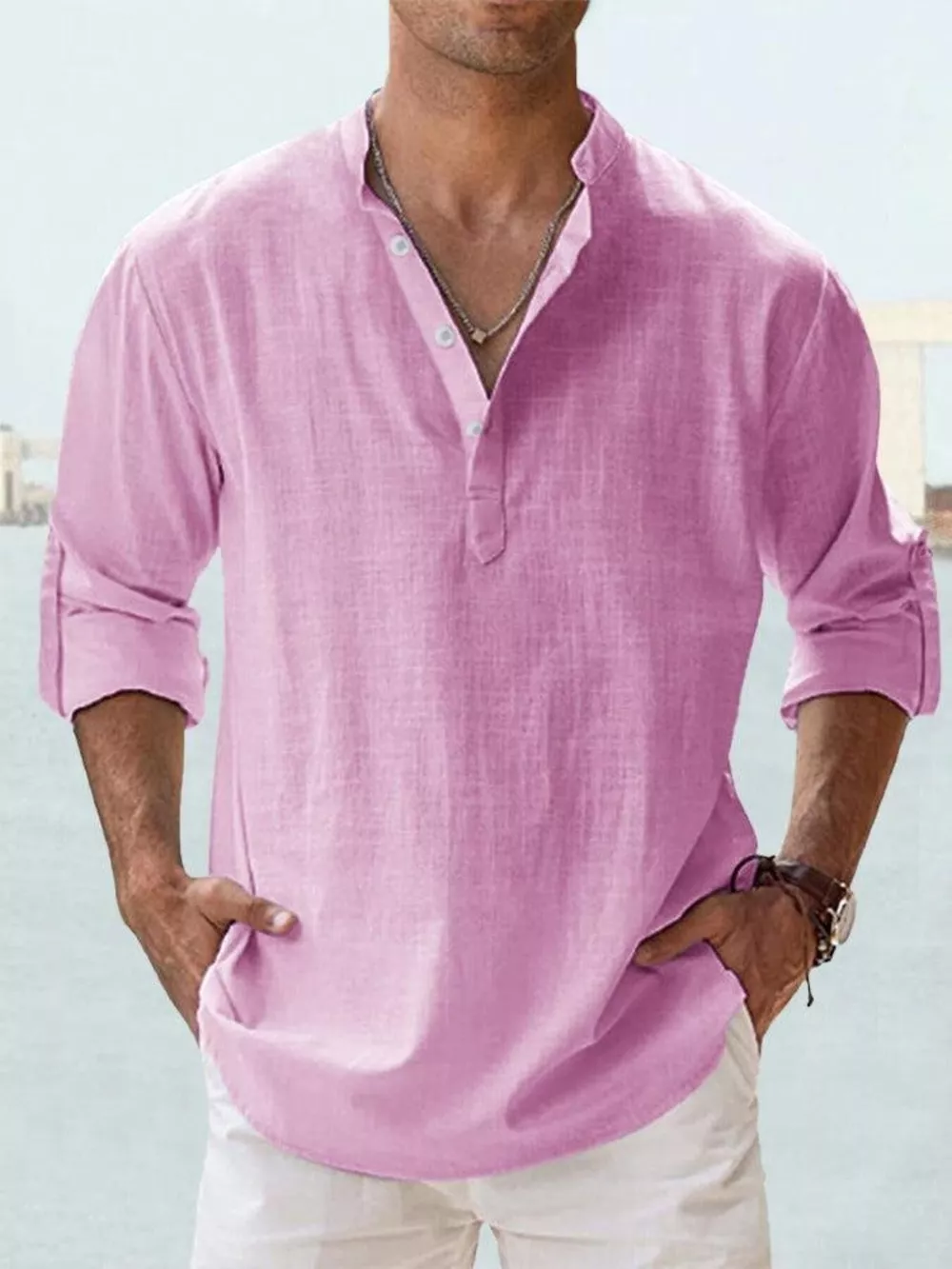 Men's Full Size Casual Button Detail Roll-Up Sleeve Blouse Plus Size, image 3